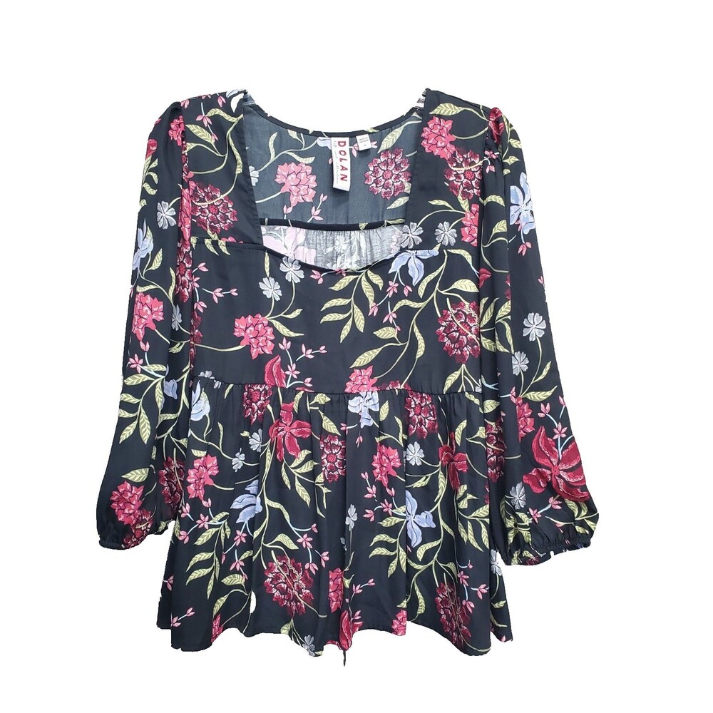 DOLAN LEFT COAST Anthropologie Cherie Black Floral Babydoll Top Square Neck MED